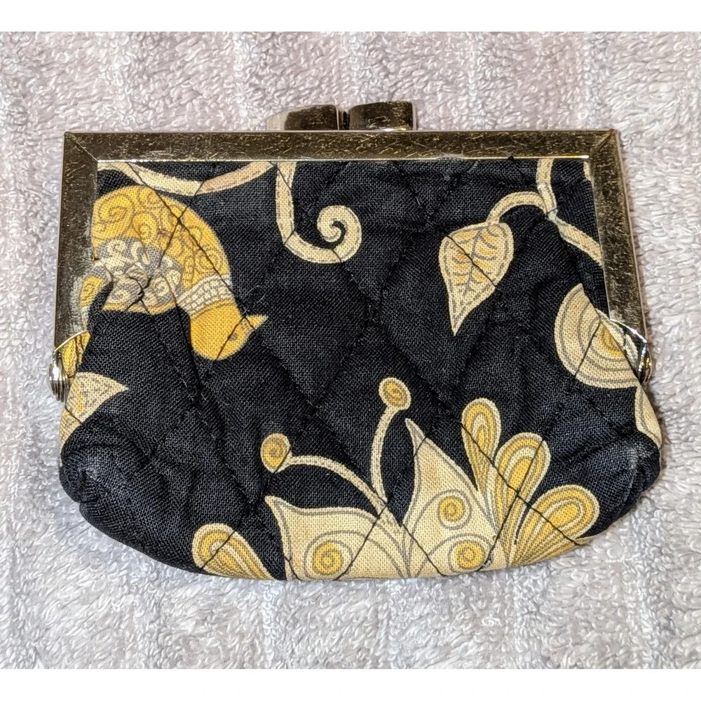 Vera Bradley Quilted Coin Purse Black Yellow Bird Floral Kiss Lock Clutch Wallet